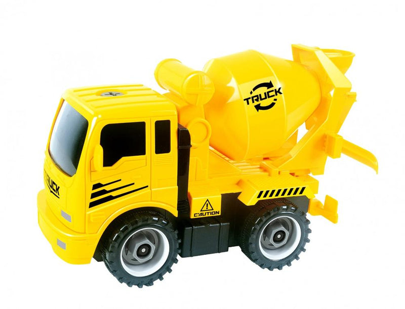 Push and go friction-powered cement truck toy mixer for kids' imaginative construction play.