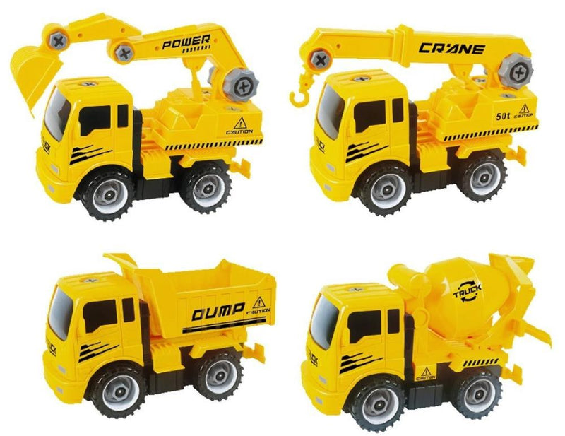 Set of friction-powered construction vehicles including toy crane, dump truck, cement mixer, and excavator