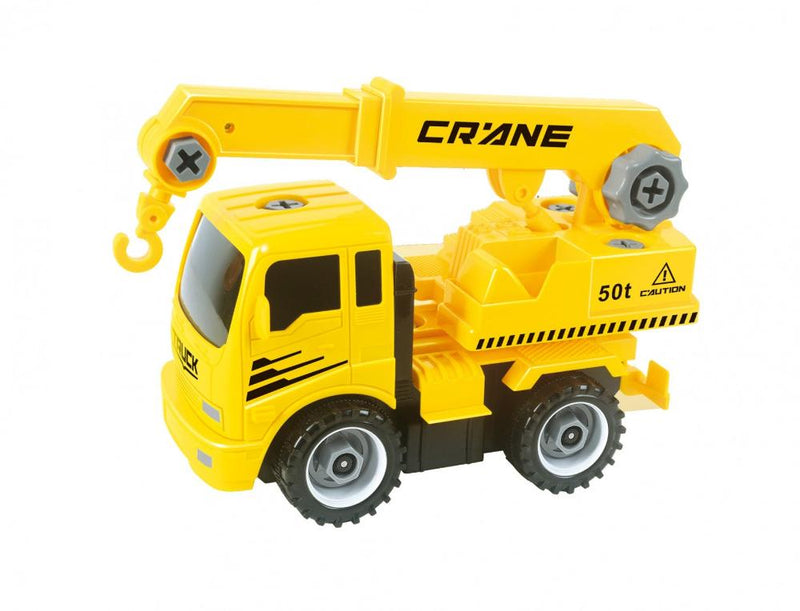 Toy crane truck with friction-powered motion, ideal for kids who love construction vehicles.