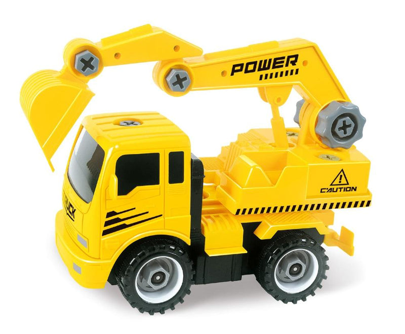 Friction-powered excavator toy car with realistic construction vehicle design for kids' play.