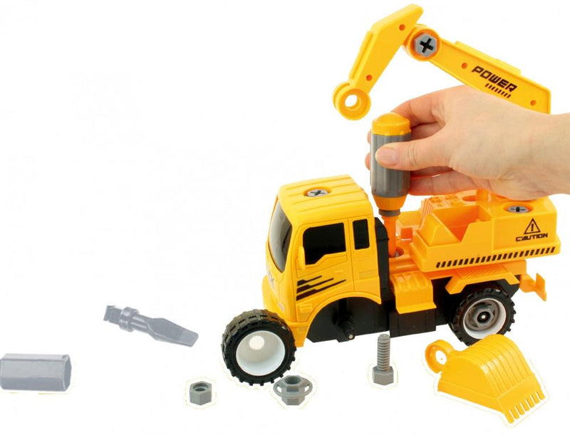 Friction-powered excavator toy with screwdriver for hands-on construction play