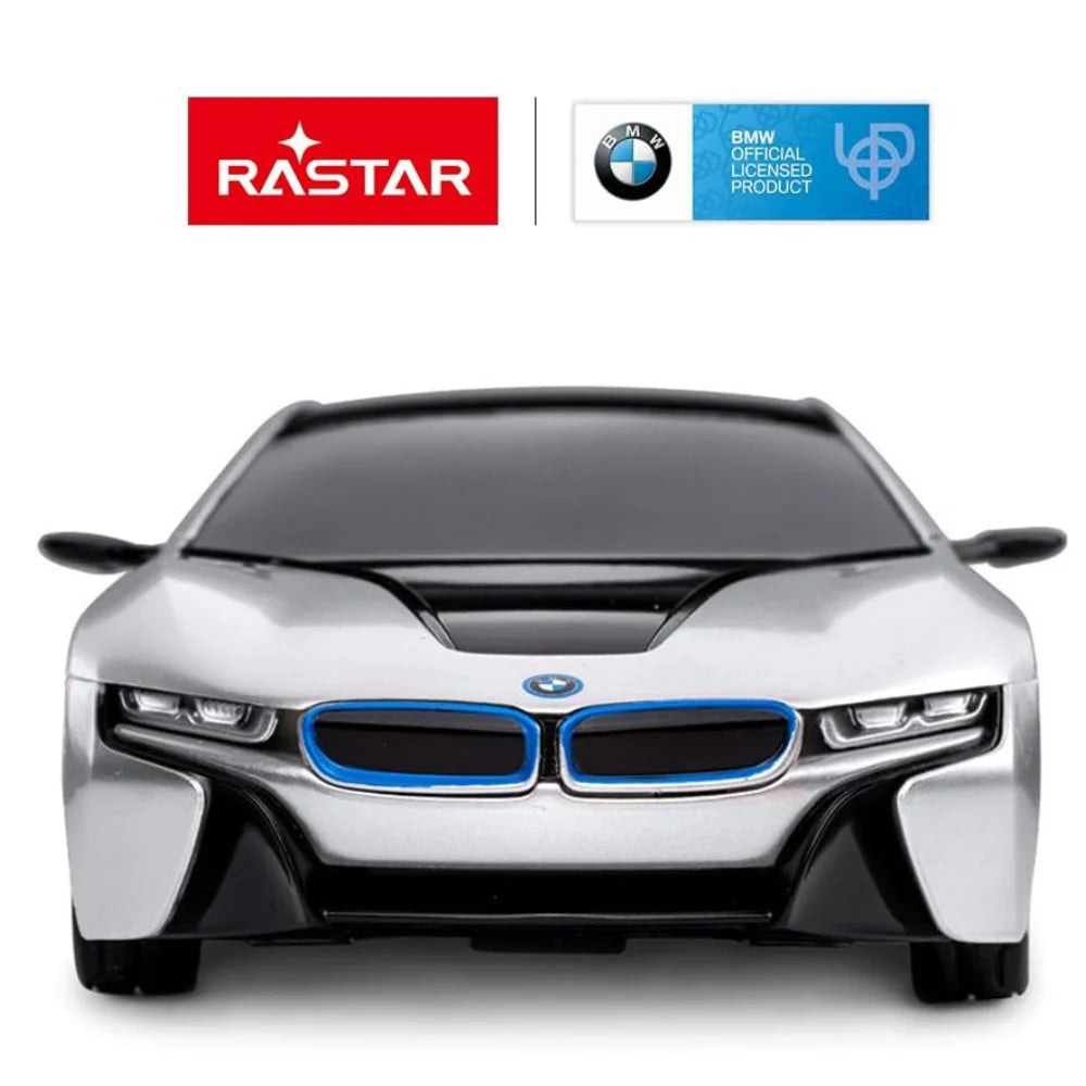 Front view of the BMW i8 remote control car with official BMW and Rastar branding.