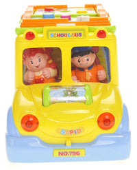 Front view of a yellow school bus toy with two character figures, ideal for toddlers' interactive play.