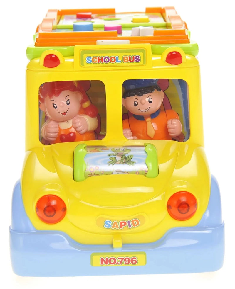 Front view of a yellow school bus toy with two character figures, ideal for toddlers' interactive play.