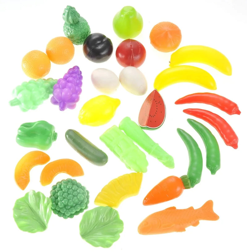 Realistic play food set with fruits and vegetables, ideal for kitchen play and educational activities
