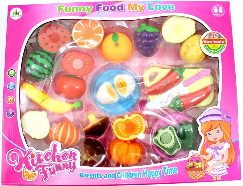 Fruit play set in original packaging labeled 'Funny Food My Love,' showcasing a variety of realistic toy fruits and vegetables for children aged 3 and up.