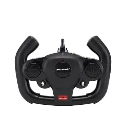 Black steering wheel with McLaren logo on a white background