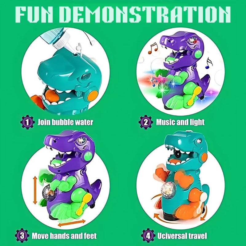  Demonstration of the dinosaur toy's features, including bubble production, music, light effects, and movement.