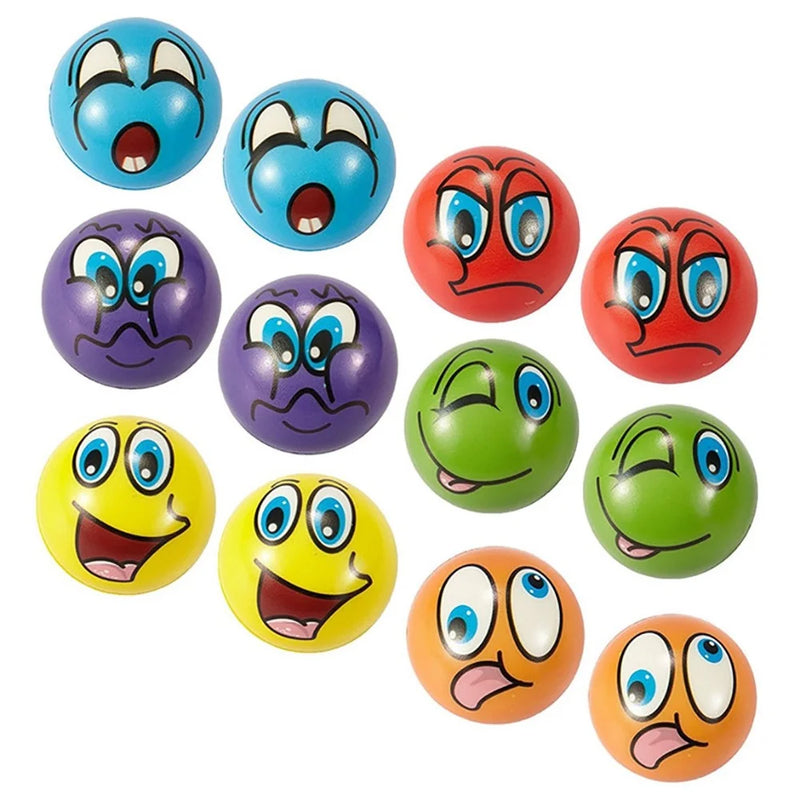 "Fun multi-pack of emoji stress balls with assorted facial expressions, perfect for both kids and adults