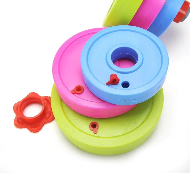 Children’s play dumbbell toy with colorful, stackable weight plates, designed for fun and imaginative fitness role play
