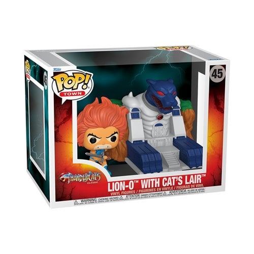 Funko Pop! packaging featuring a lion and a lair with 'Lion-O with Cat's Lair' text.