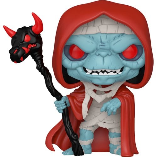 Toy figure with red hood and blue face holding a black staff on a white background