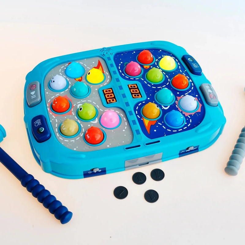 Galaxy Space War Game with interactive features, light effects, and colorful buttons, ideal for kids' learning fun