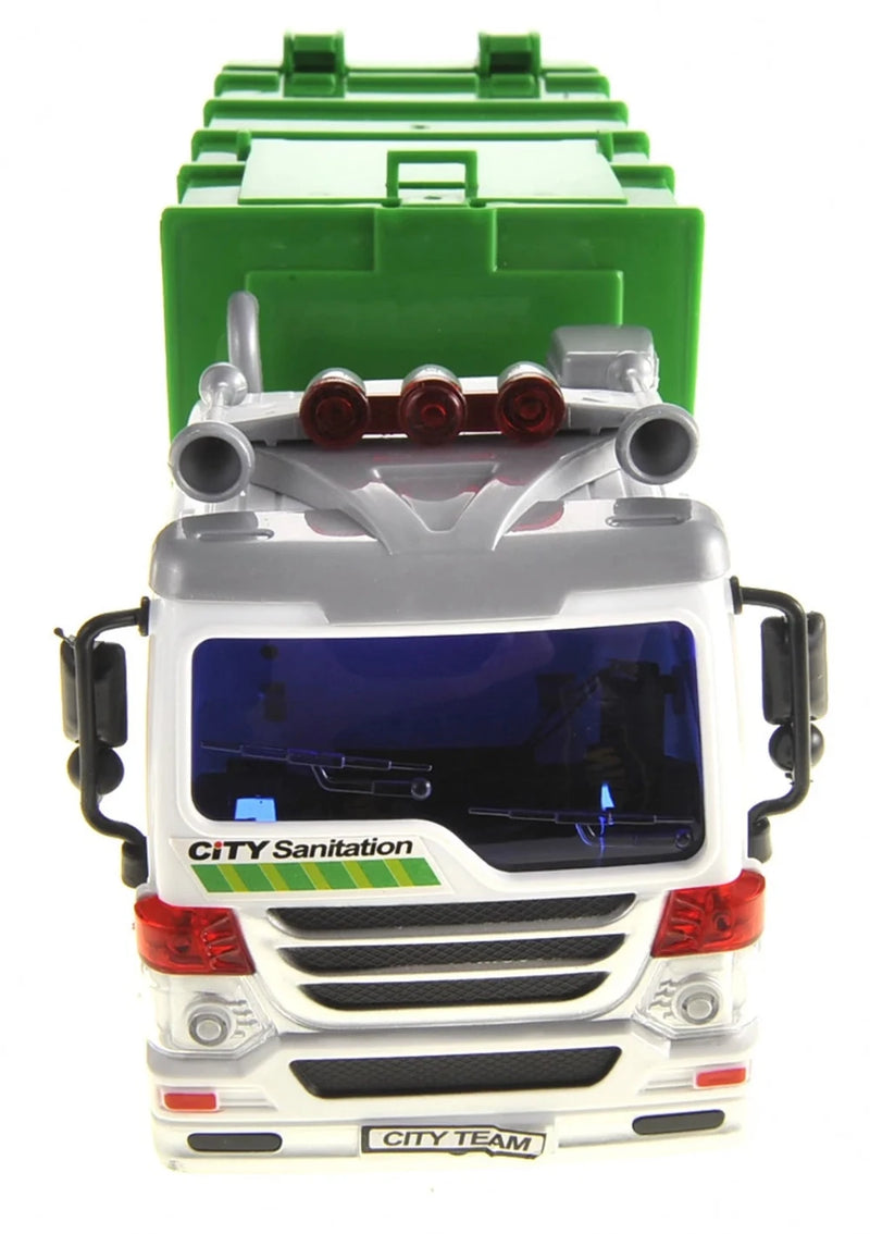 Close-up of garbage truck toy front cab featuring City Sanitation logo and realistic detailing.