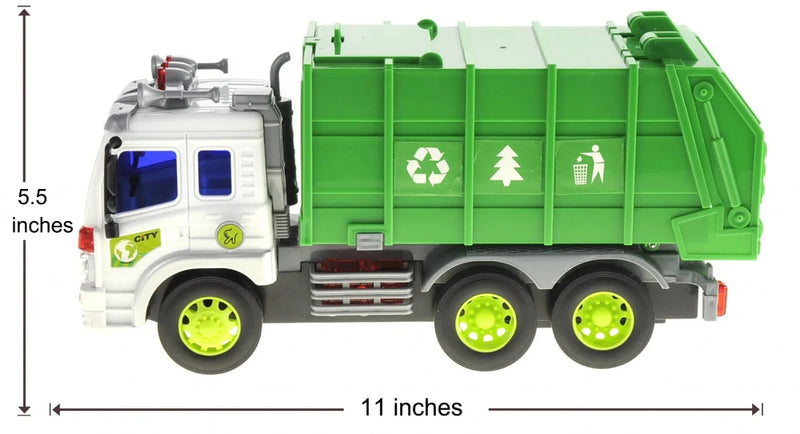 Size dimensions of garbage truck toy with 5.5 inches height and 11 inches length.