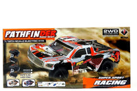 Boxed toy racing car with 'Pathfinder' branding on a white background