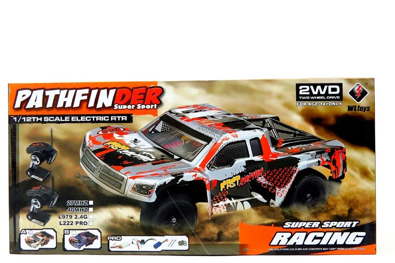 Boxed toy racing car with 'Pathfinder' branding on a white background