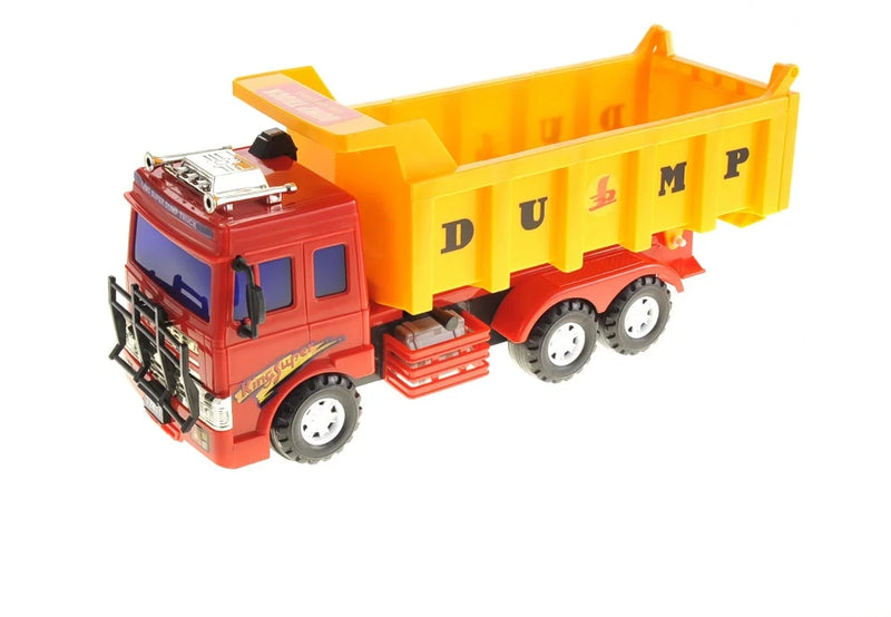 Giant dump truck toy in bright yellow and red colors, perfect for kids who love large plastic trucks