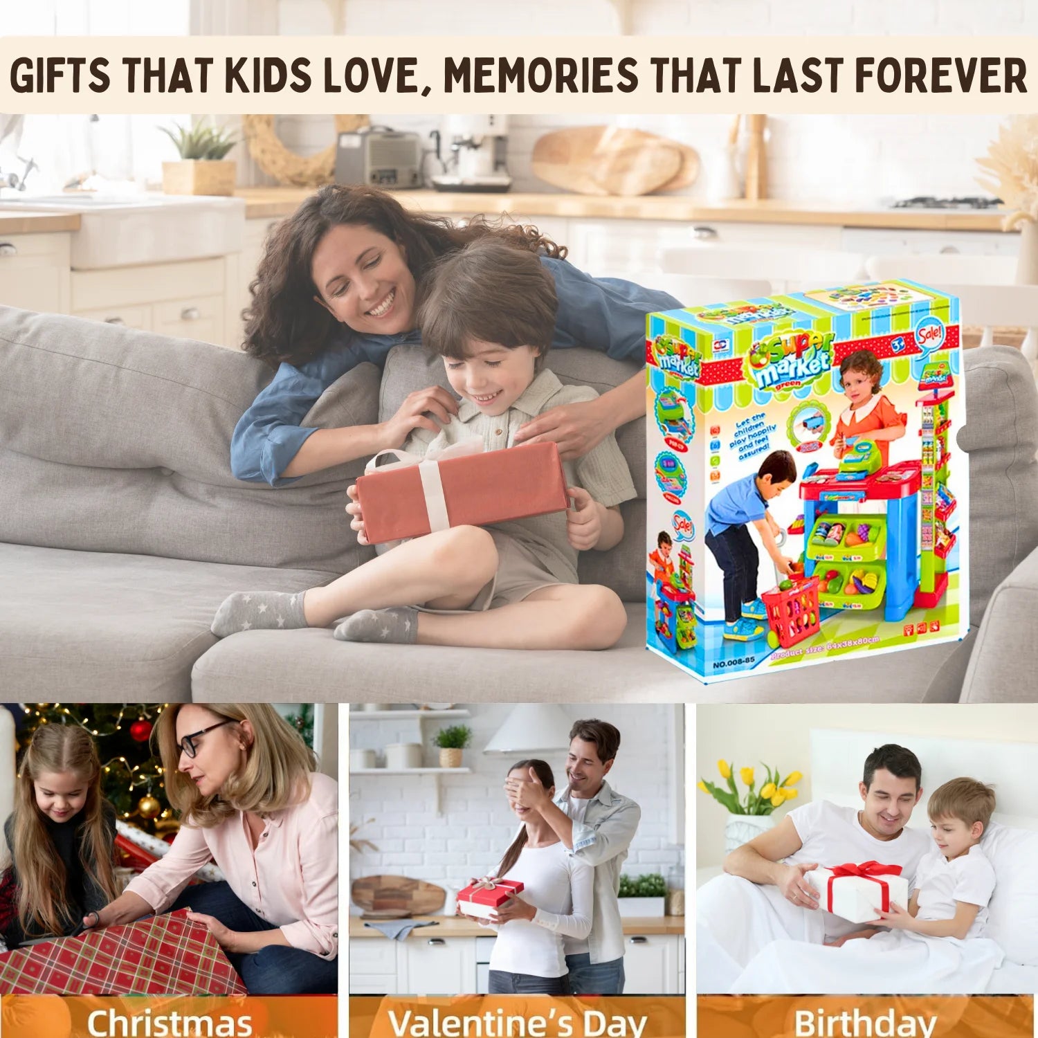 Perfect gift ideas for kids: play grocery store set for Christmas, Valentine’s Day, and birthdays.