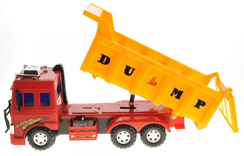 Gigantic dump truck toy in a vibrant yellow color, designed as a large plastic toy truck for children's playtime.