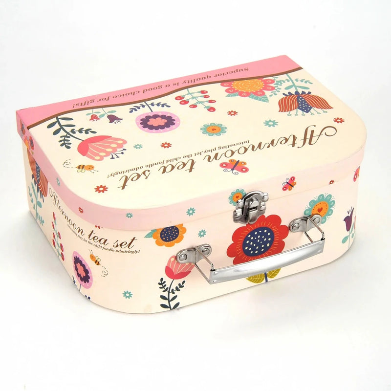 "Back view of a floral afternoon tea set box for toddlers and kids, great for girls' tea parties.