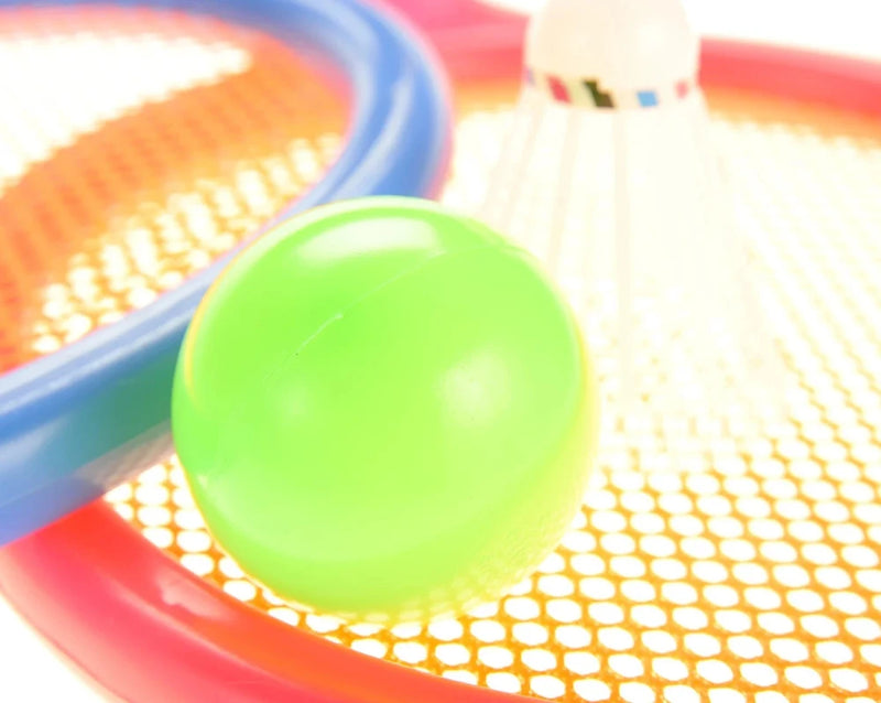 Bright green ball placed on a toy racket for kids' sports activities