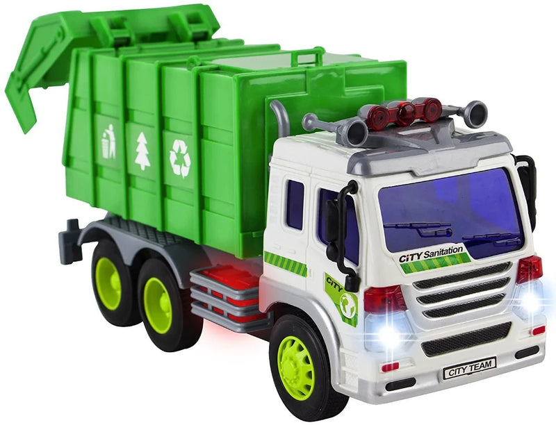 Front view of green City Sanitation garbage truck toy with white cab and realistic design