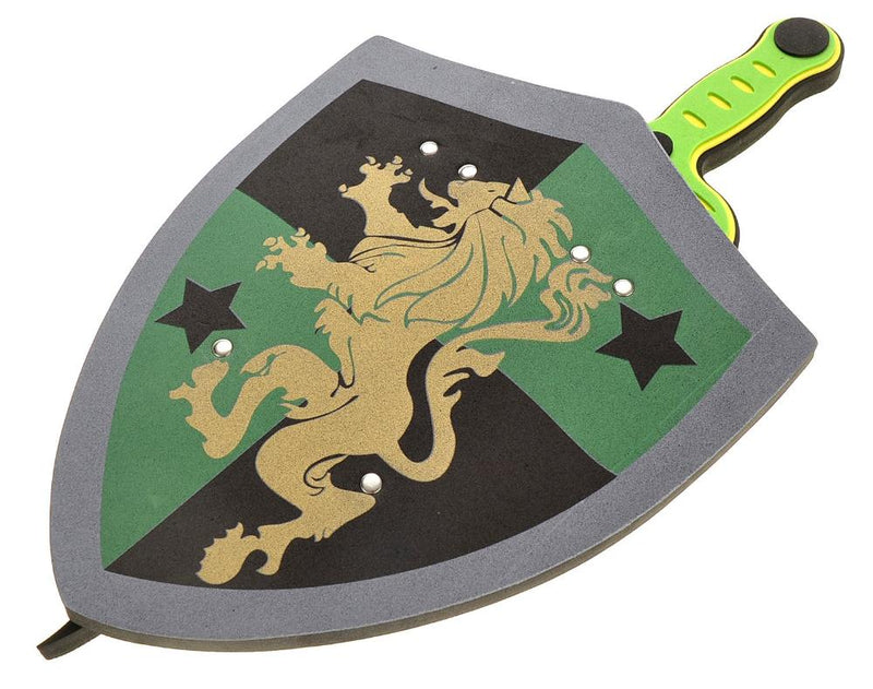Green lion foam shield with a golden lion crest, designed for children's knight-themed roleplay