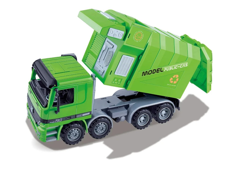 Green recycling truck toy with tilting action for waste disposal play