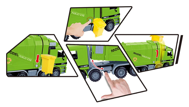 Close-up of green recycling truck toy features with red and yellow bins for interactive play