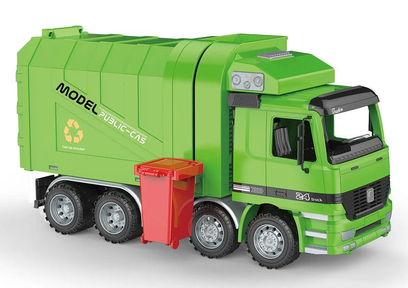 Green recycling garbage truck toy with red recycling bin attachment, designed for kids' play