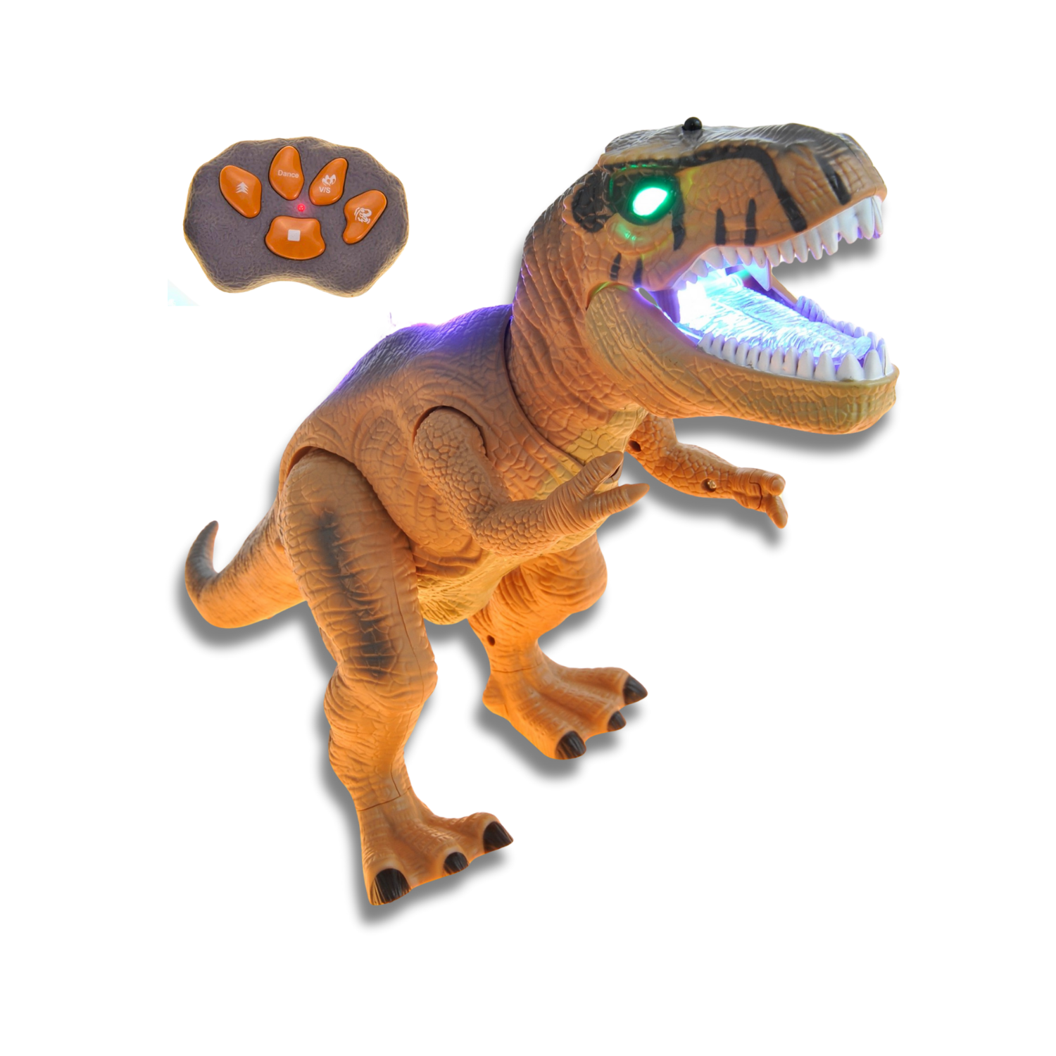 Green remote-control dinosaur toy with glowing LED eyes, roaring sounds, and a paw-shaped remote control.
