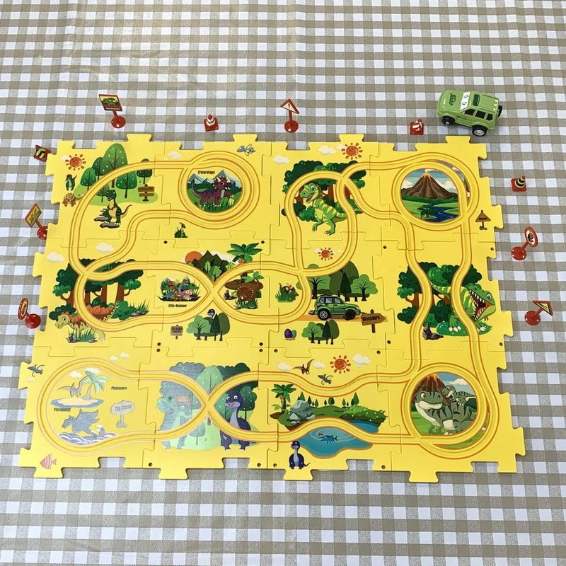 Assembled yellow puzzle mat with dinosaur illustrations and green toy SUV, creating a fun play environment