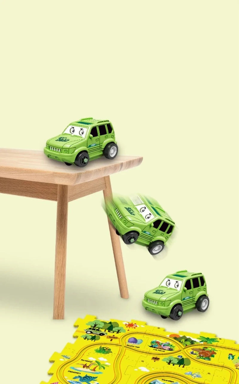 Green toy SUV in action, jumping off a table onto a dinosaur-themed puzzle mat