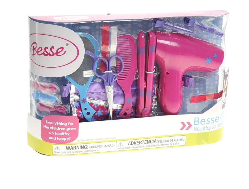Hair Salon Playset in Besse Boutique Packaging - Includes Hairdryer, Comb, Scissors, and Accessories for Kids