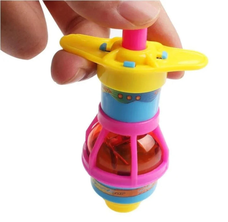 Hand-held colorful gyro top toy for kids, easy to launch and provides hours of fun with light-up feature.