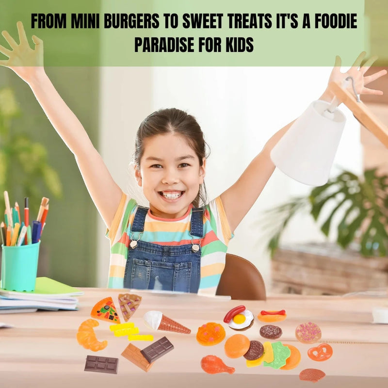 Happy child enjoying kids play food set – mini burgers, donuts, and treats for imaginative play.