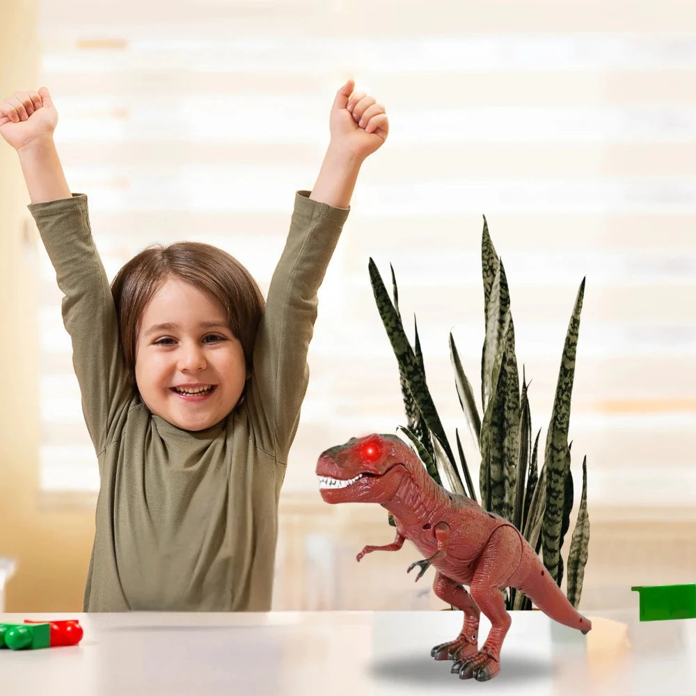 Excited child playing with remote control T-Rex dinosaur toy at home.