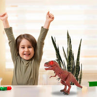 Excited child playing with remote control T-Rex dinosaur toy at home.