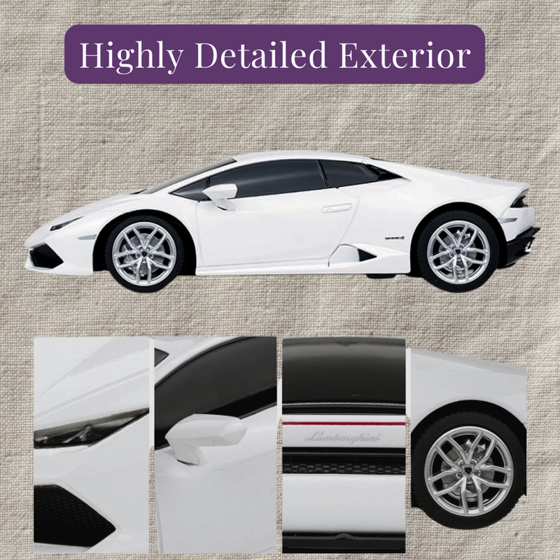 Highly detailed exterior of Lamborghini Huracan RC car with close-up shots of design elements.