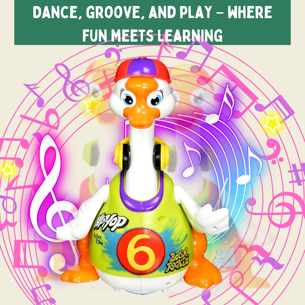 Musical hiphop goose toy dancing with musical notes in the background, promoting fun and learning.