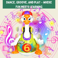 Musical hiphop goose toy dancing with musical notes in the background, promoting fun and learning.