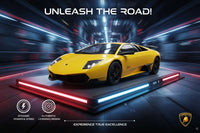 Yellow sports car on a platform with 'Unleash the Road!' text and Lamborghini logo.