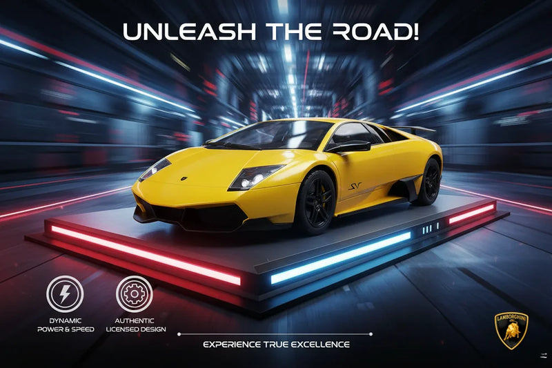 Yellow sports car on a platform with 'Unleash the Road!' text and Lamborghini logo.