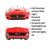 Red Ferrari model with text describing remote control features on a white background