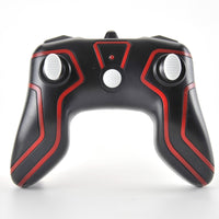 Black and red gaming controller on a white background