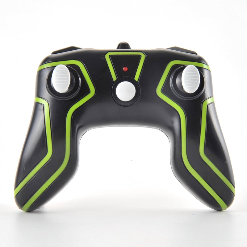 Black game controller with green accents on a white background
