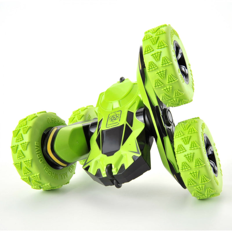 Green and black dumbbell-shaped roller with textured wheels on a white background