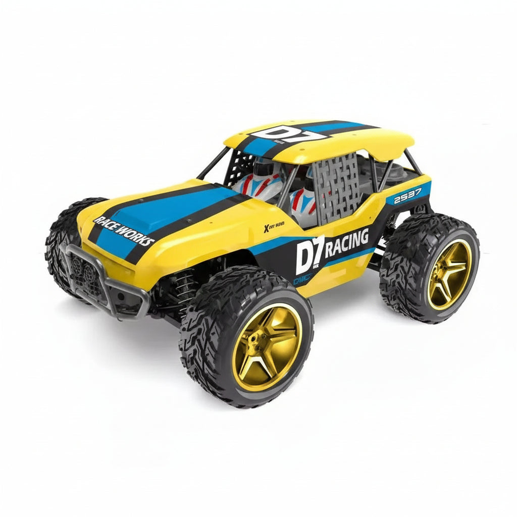 Toy off-road vehicle with 'D1 Racing' branding on a white background