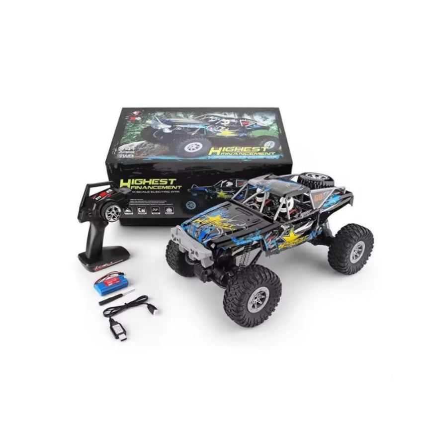Remote control car with accessories and packaging on a white background